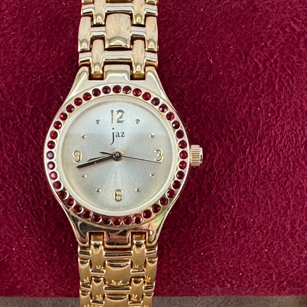 Vintage Jaz Paris French Designer Gold 18k Gold Plated Watch With Red Cz Bezel